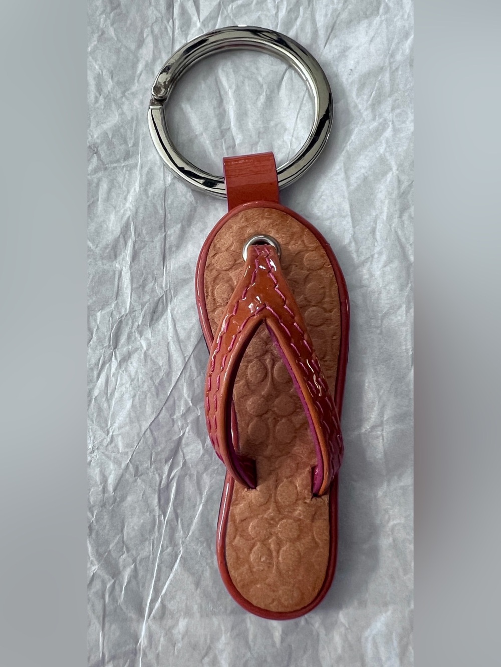 Coach Brown Tan Signature C Leather Flip-Flop Charm Keyring